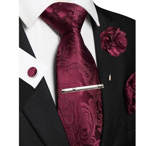 Jemygins Burgundy Paisley Tie Lapel Pin Cufflinks Tie Clip 4 Piece Set - Picture 2 of 8